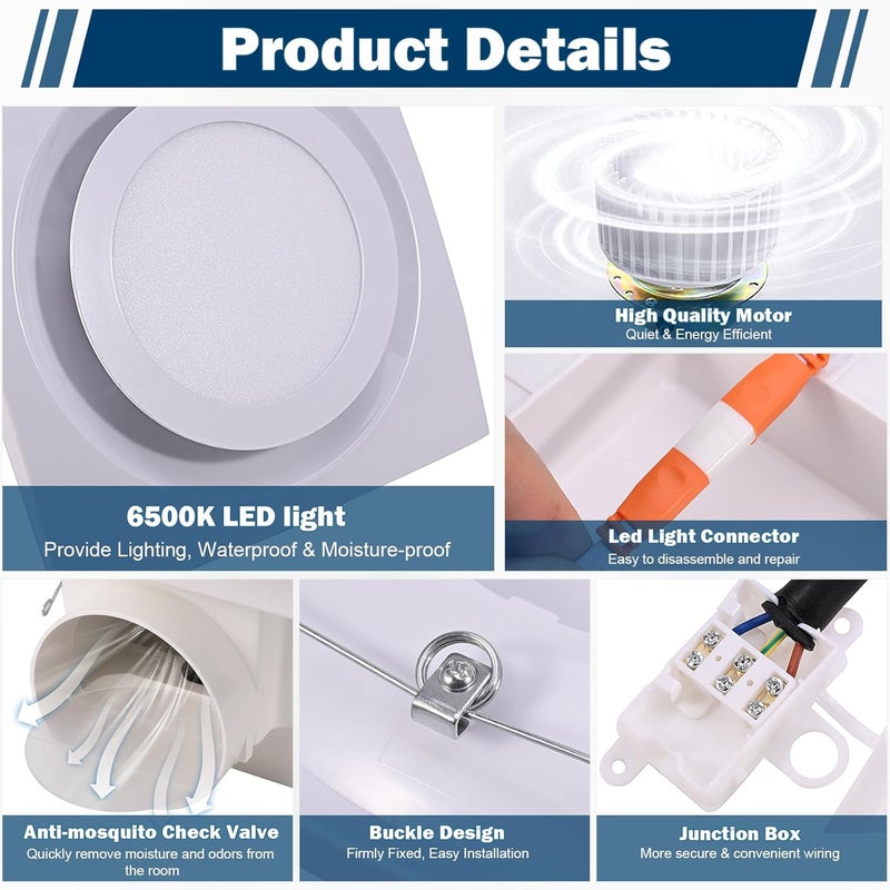 FEITON Bathroom Fan with Light Exhaust Fan Ceiling Mount Vent Fan Light Combo, 30W, 110V, 110 CFM 1.0 Sones, Square Quiet Ventilation Fan with LED Light - Image 5